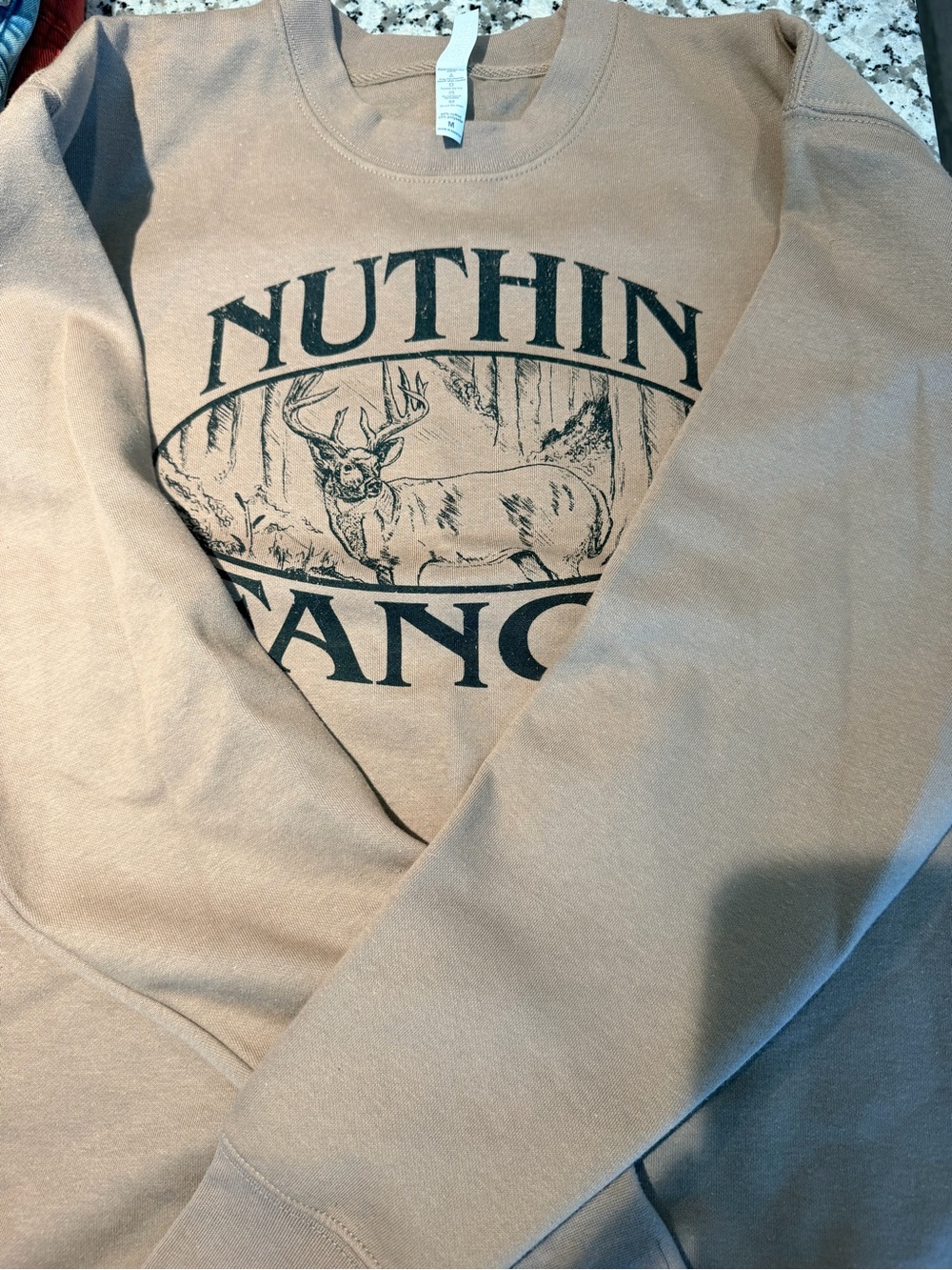 Women’s Tan Graphic Crewneck Sweatshirt with Nuthin Fancy Print